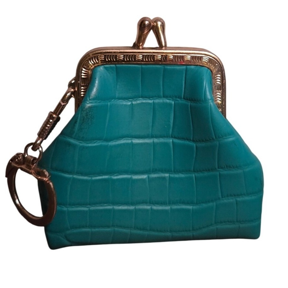 Vintage‎ Teal Mini Kiss Lock Coin Purse Keychain Faux Croc Y2K Retro